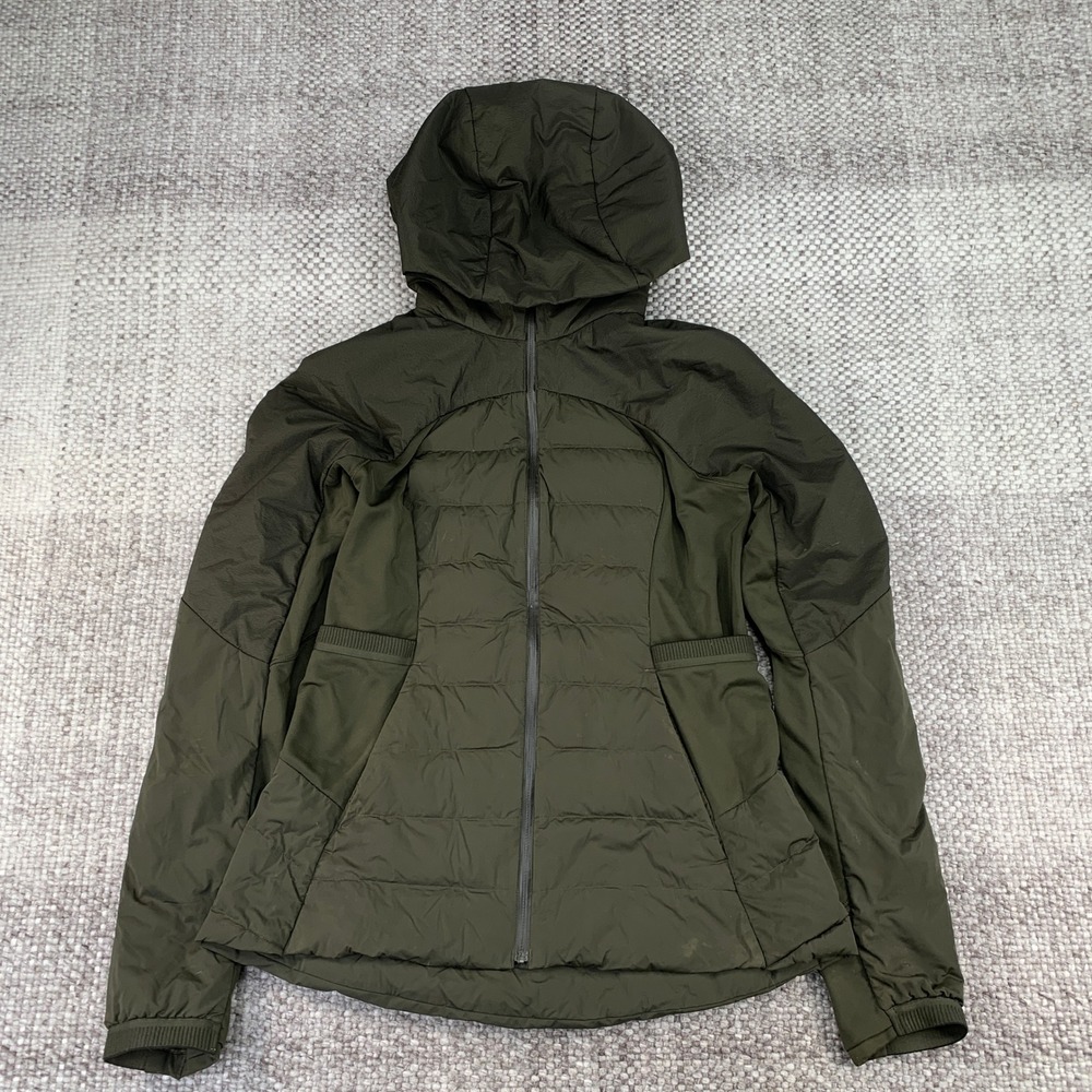 Lululemon Puffer Jacket Womens 10 Green Down For It All Hooded Full Zip
